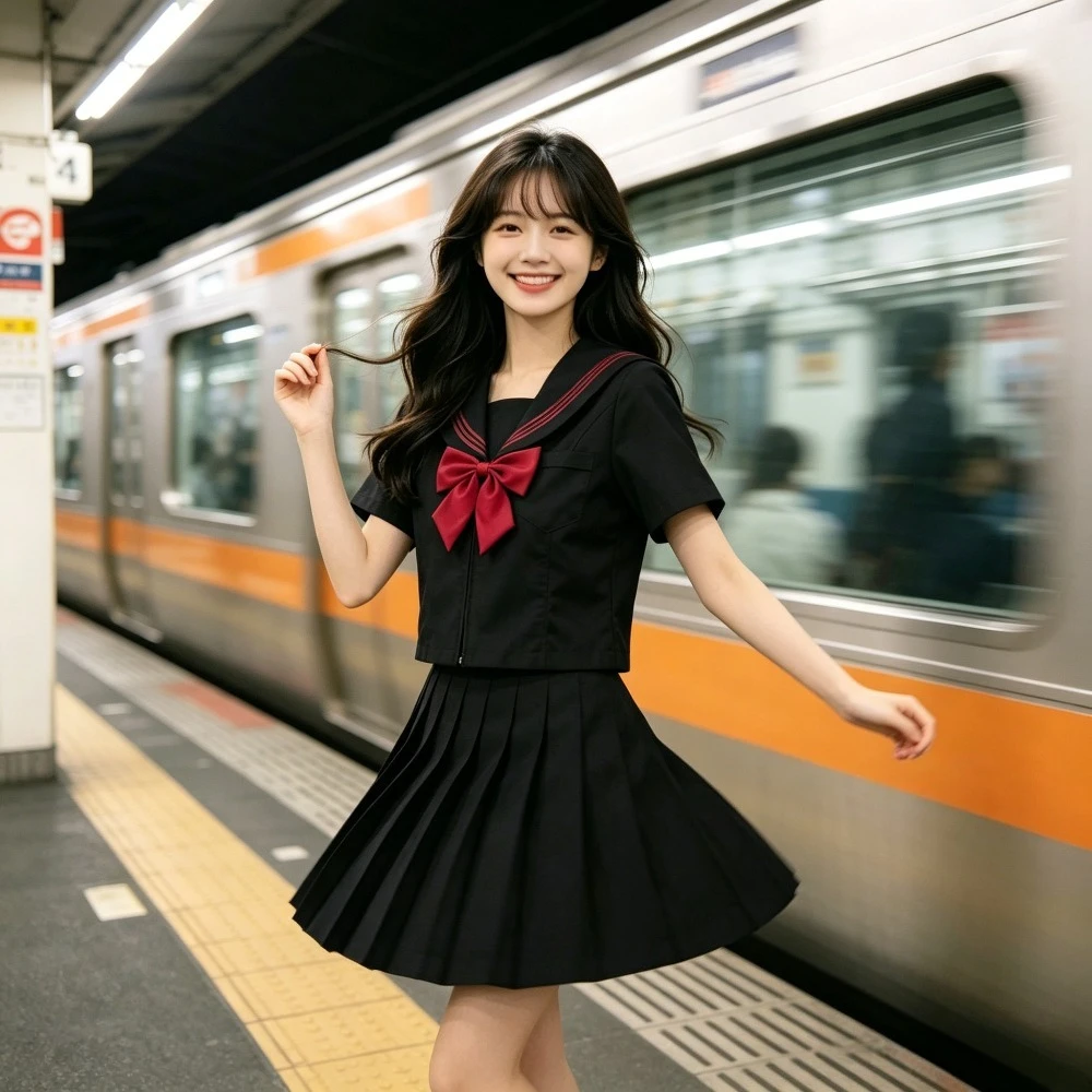 ダークスタイルのjk制服、赤い三線セーラースーツ、卒業写真や普段着に最適な日本のダークカレッジロングスカート