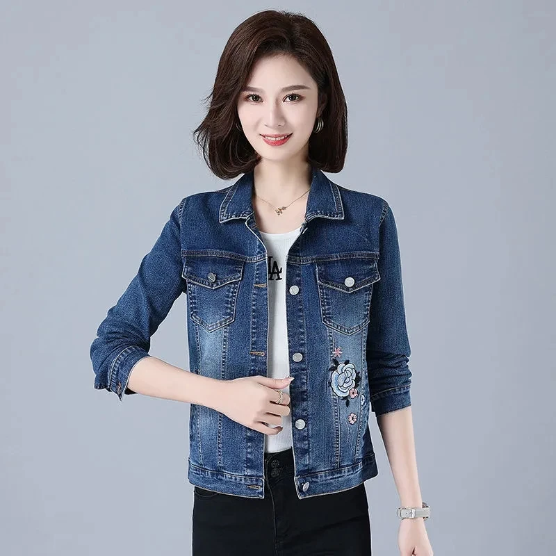 Fashion Embroidered Denim Jacket Elegant Large Size Elastic Women Short Coat Female Slim New Outerwear Casual Jeans Tops Jackets