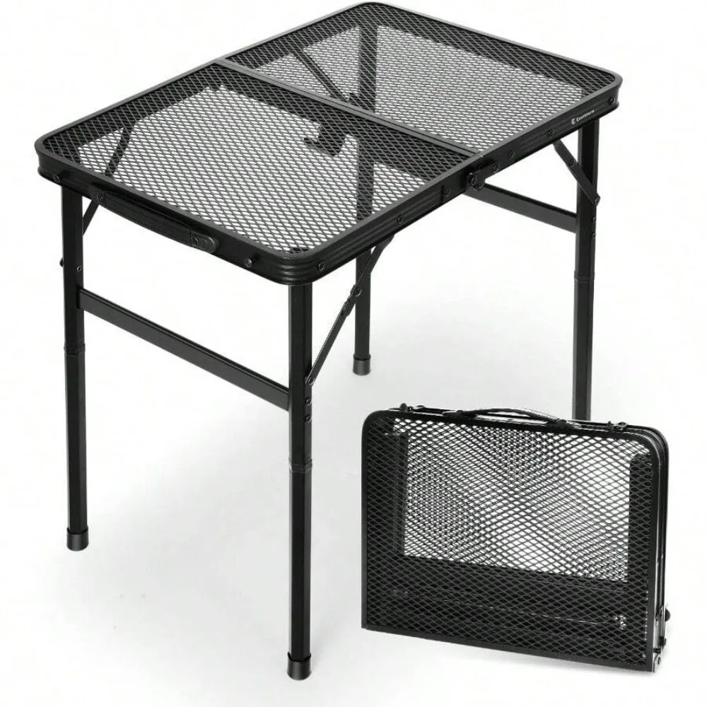 2Ft Small Folding Table with Carry Handle, Adjustable Height 10.6 to 22 Inches, Black Metal Mesh Top, Portable Lightweight Side Table for Camping, Balcony, RV, Apartment, 23.6 x 15.8 Inch, Holds Up to 66 Lb, No Assembly, Quick Setup