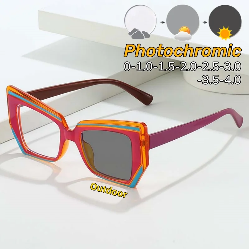 Fashion Cat-eye Photochromic Myopia Glasses Artistic Large Frame Popular Versatile Women Men HD Short Sight Eyeglasses 0 To -4.0