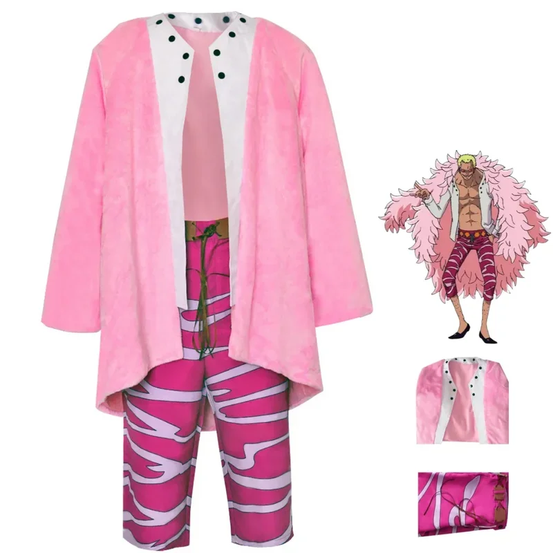 

FC6Anime Donquixote Doflamingo Cosplay Costume Oka Shichibukai King Pink Plush Cloak Shawl Man Halloween Masquerade Ball Su@FC8！