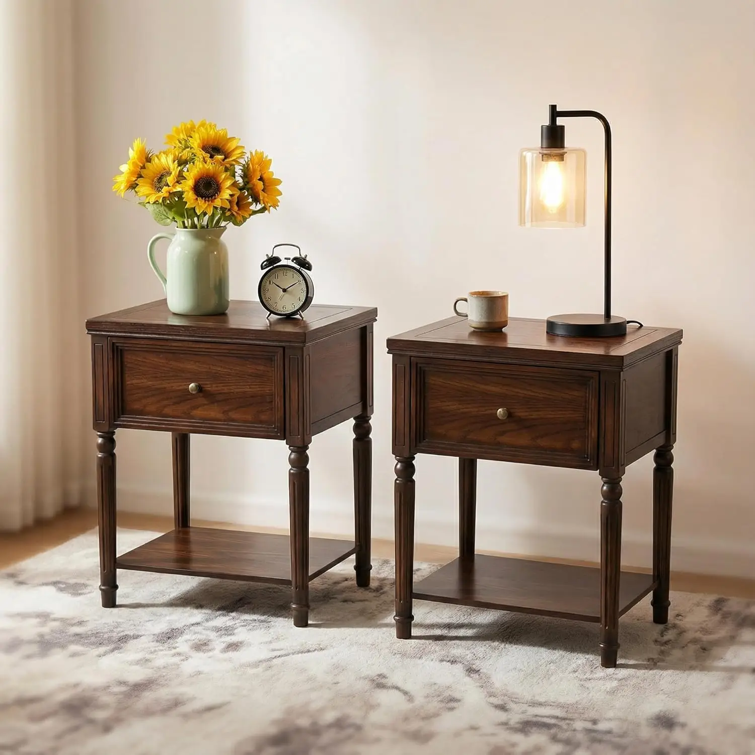 Solid Wood Nightstands Set of 2 Drawer 23 Inch Farmhouse End Side Table Storage Shelf Bedroom Living Room Walnut, Customized