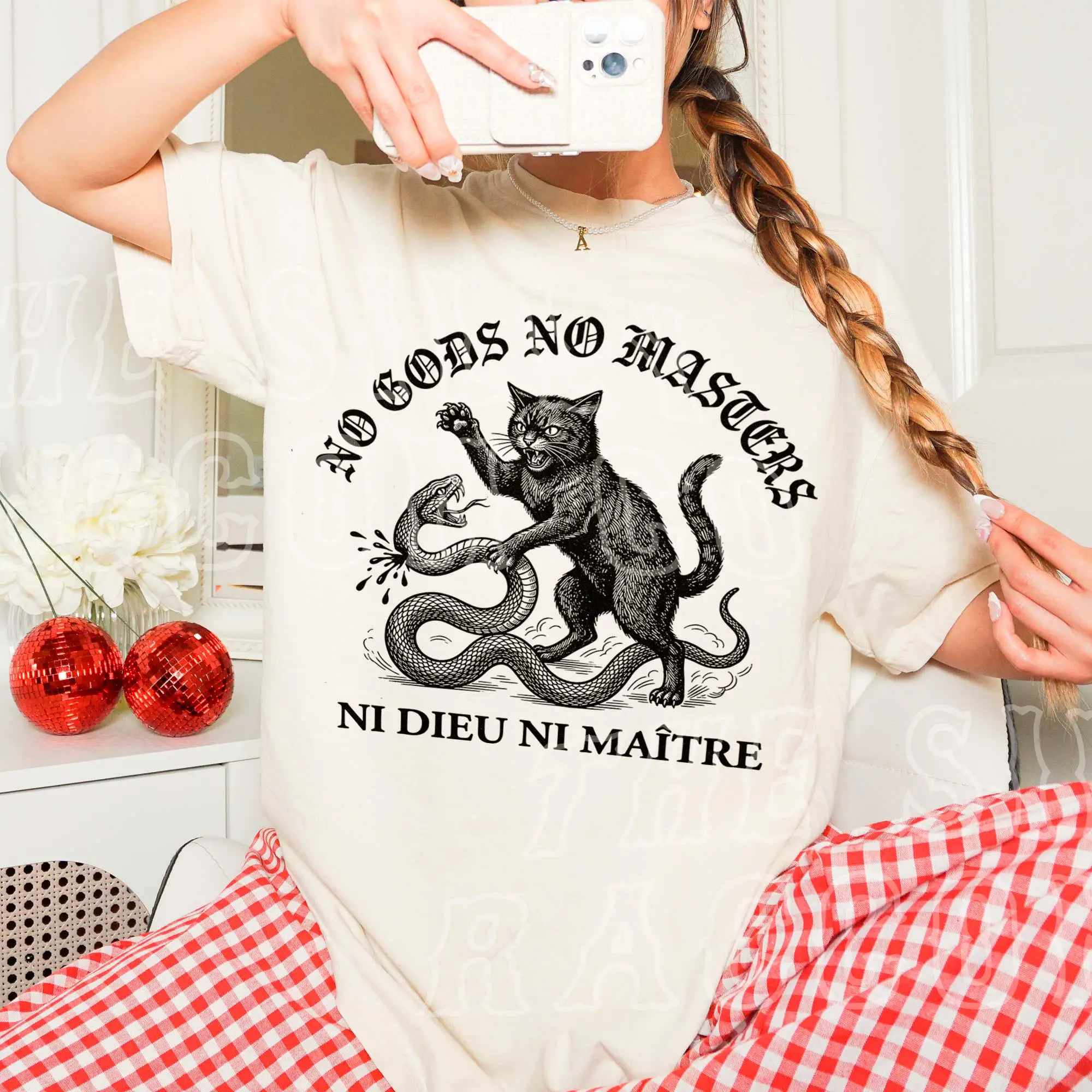 Anarchist Cat Shirt, No Gods No Masters Tee, Gothic Black Cat Snake Graphic, Punk Gift for Cat Lover