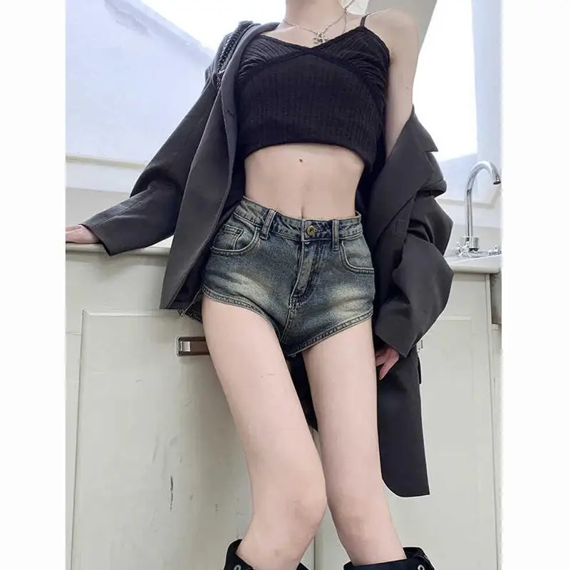 Retro Hot Girl Style Asymmetrical Denim Shorts Women's High Waist Versatile Slimming Split A-Line Hot Pants Summer New Arrival