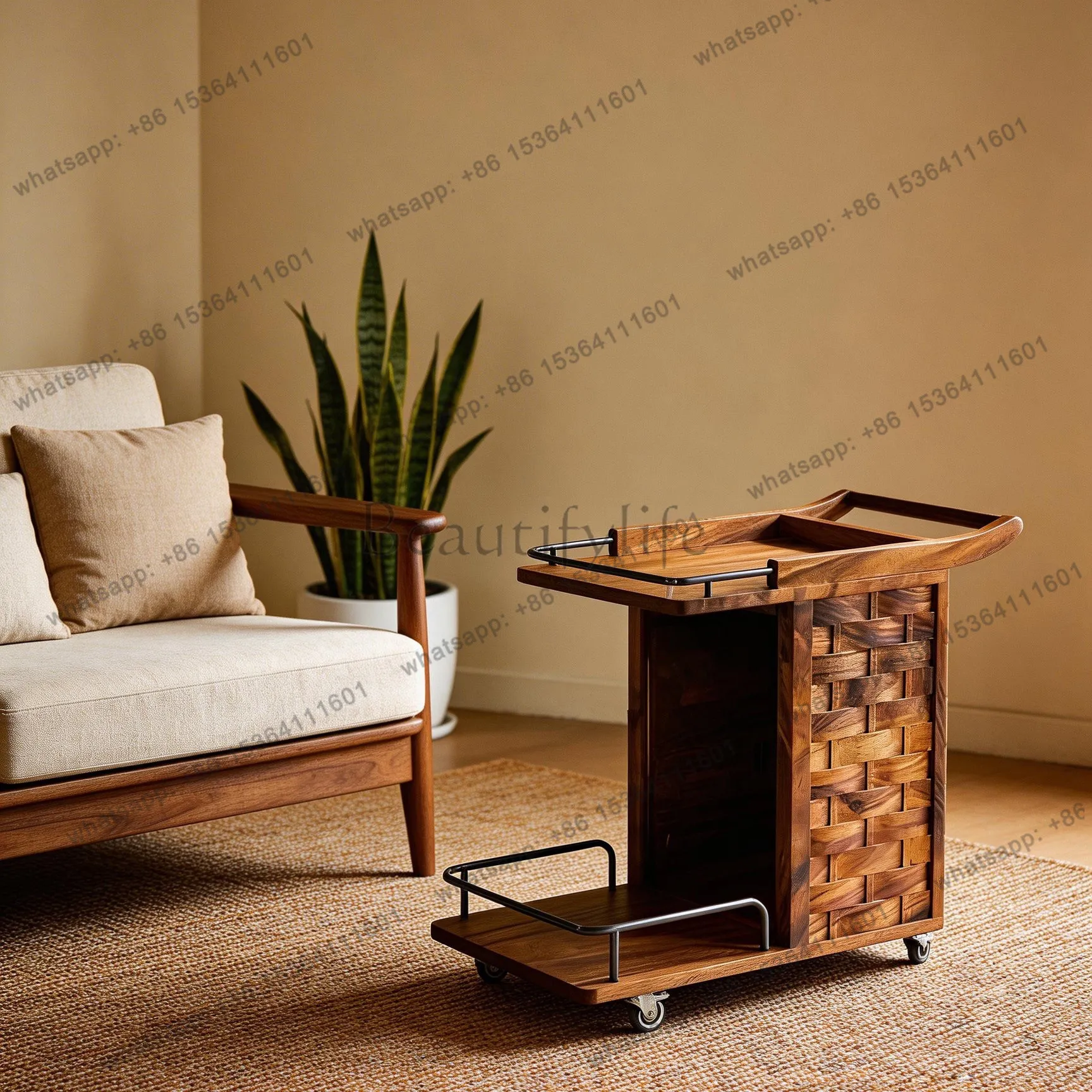 Designer walnut trolley side table living room storage rack movable solid wood corner table