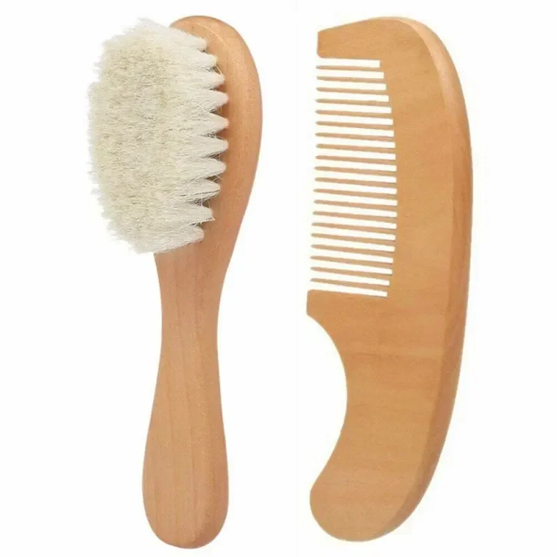 2pcs Baby Natural Wool Wooden Brush Comb Set Newborn Hairbrush Head Massager Bath Brush Kids Comb Birth Baptism Baby Shower Gift