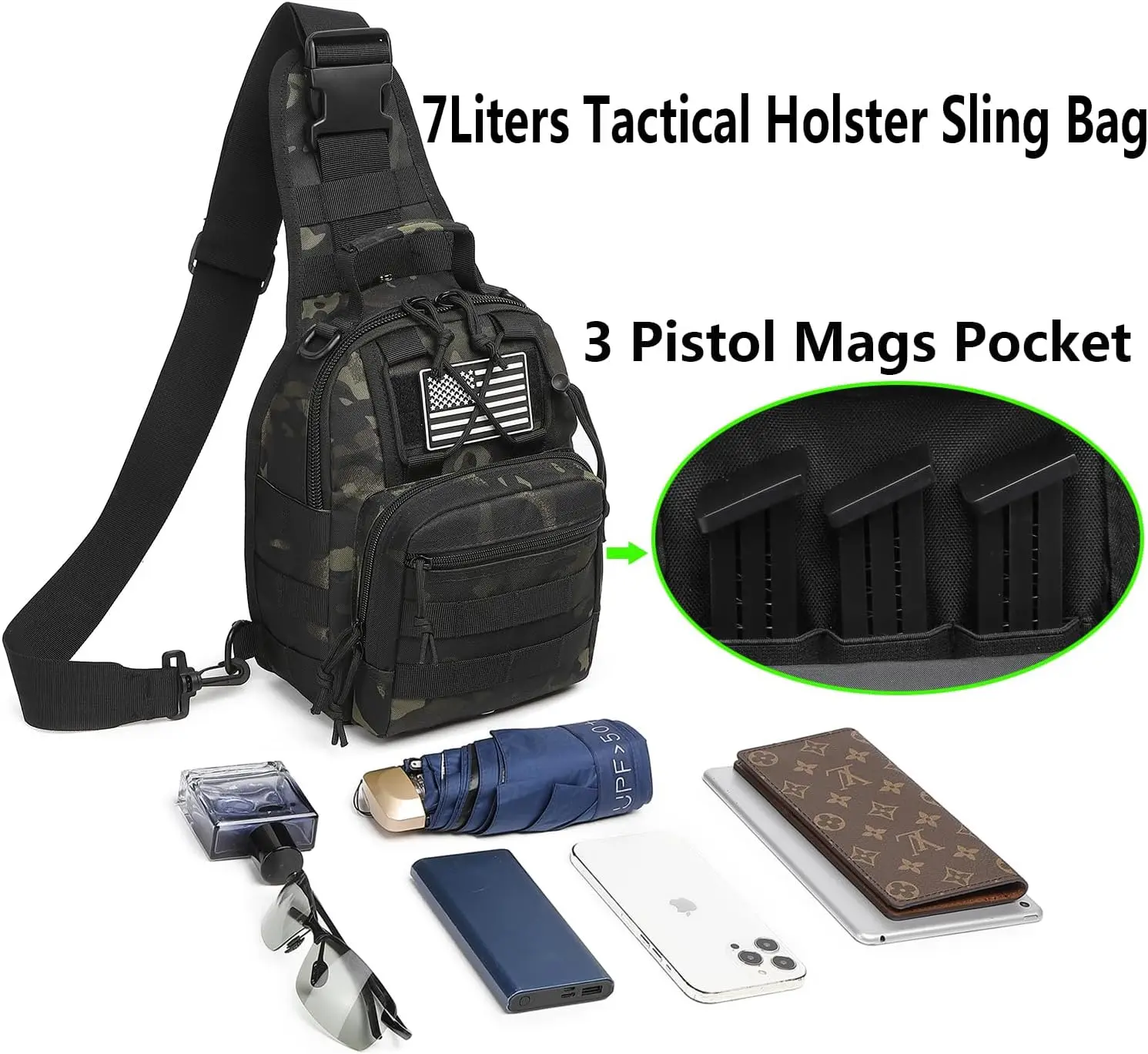 Small Tactical Sling Bag for Men with Holster Military EDC Shoulder Bag CCW Crossbody Bag 7 Liters