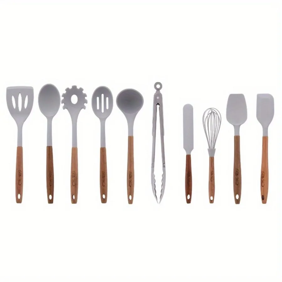 

10-Piece Silicone and Acacia Handle Kitchen Cooking Utensil Set, Grey