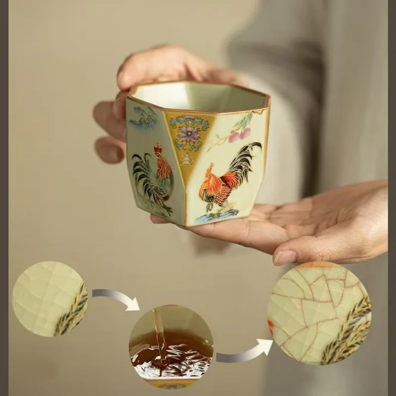 Retro Trailing Lotus Pattern Household Kung Fu Teaware Chinese Ru Kiln Octagonal Tea Cup Business & Festival Gift for Tea Lovers