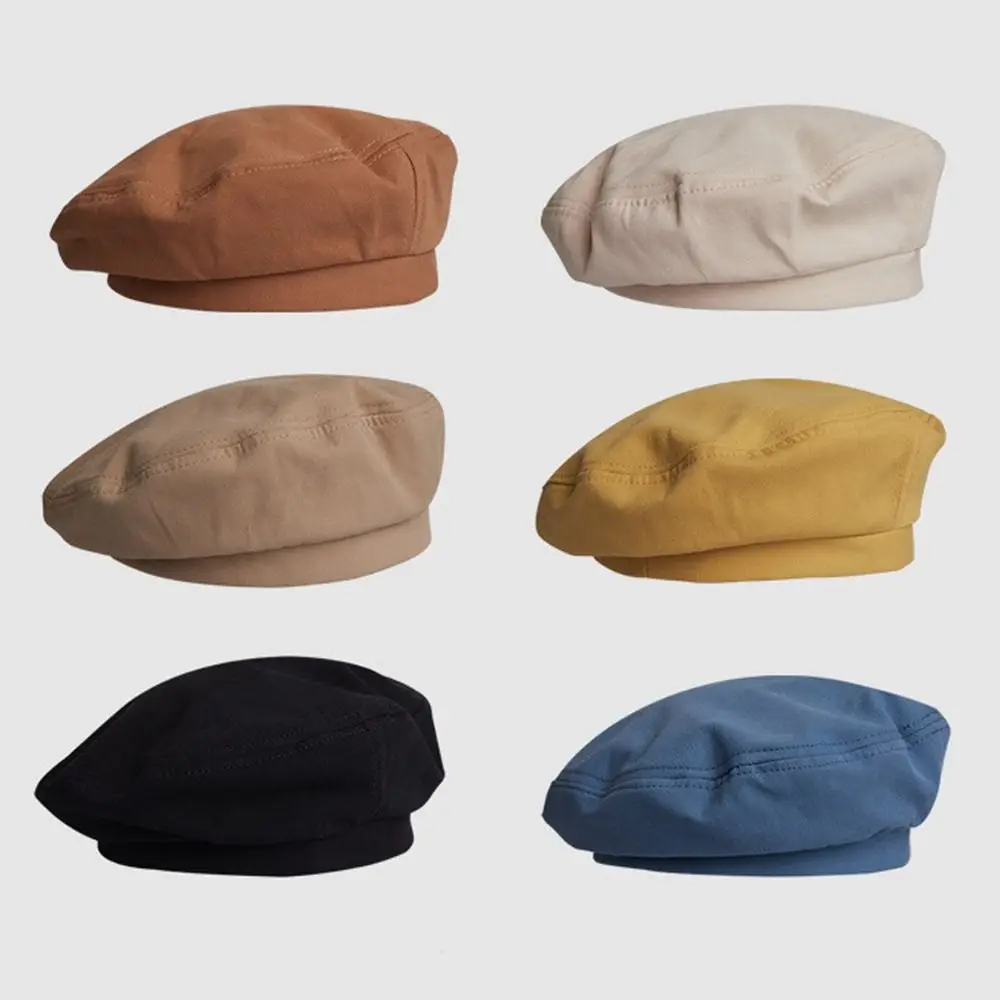 หมวกเบเร่ต์ผ้าฝ้ายแฟชั่นย้อนยุคผู้หญิงหมวกเบเร่ต์อังกฤษเด็กผู้หญิงหมวกจิตรกรสีทึบ