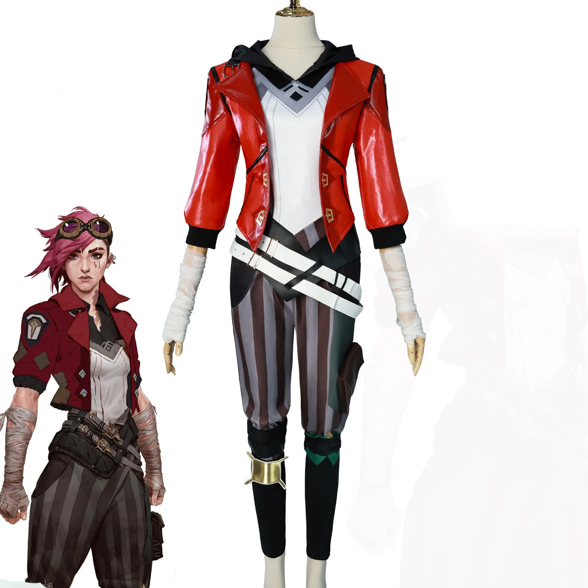 

Arcane Vi Cosplay Costume Wig Hair for Anime Jinx Sister Cosplay Outfits Vi Cosplay Shoes Boots Leather Jacket