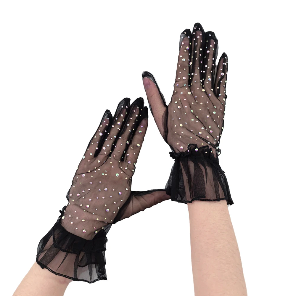 Luvas de renda transparente babados para mulheres, brilho quente, diamantes coloridos, banquete sexy, cerimônia Lady Princess Mittens, ST14, verão