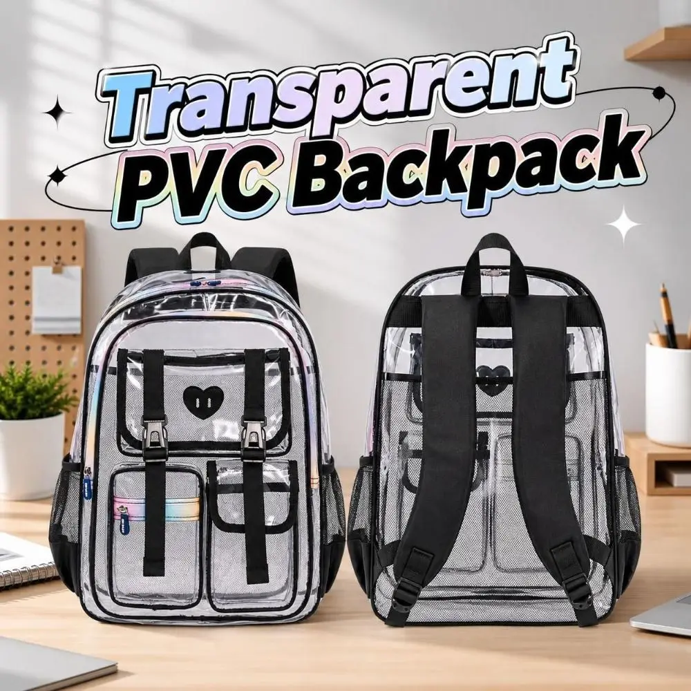 Multi Pocket Clear Backpack Zippered Large Capacity Transparent Bookbag Waterproof Smooth PVC School Bag School,Travel,Gym