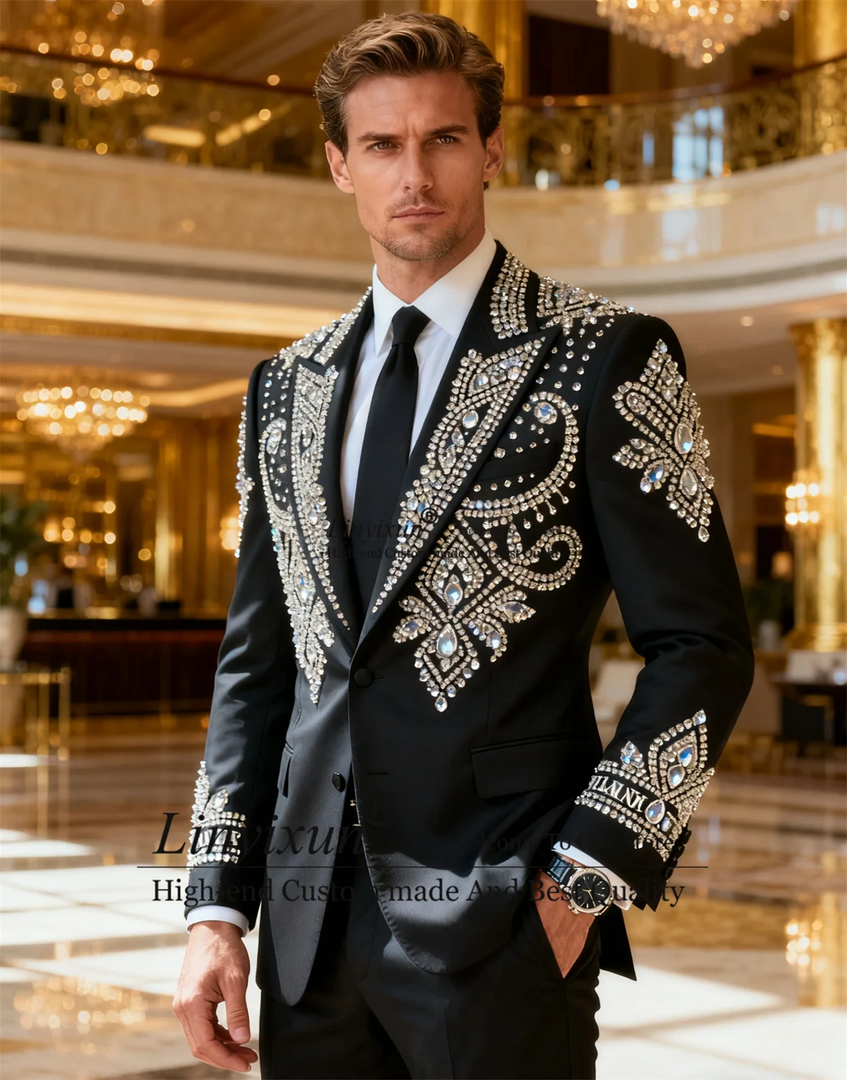 

Shiny Beaded Crystal Lapel Men Suits 2 Pieces Sets Wedding trajes para hombre Handsome Slim Fit Groom Prom Blazer Customized