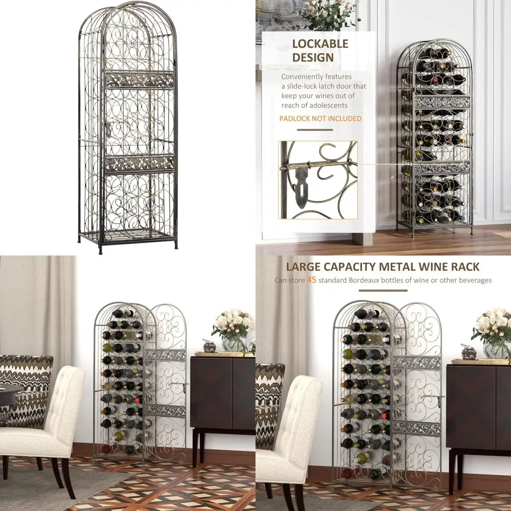 Rak Anggur Besi Tempa Antik Berwarna Perunggu untuk 45 Botol dengan Kunci - Desain Terinspirasi Penjara