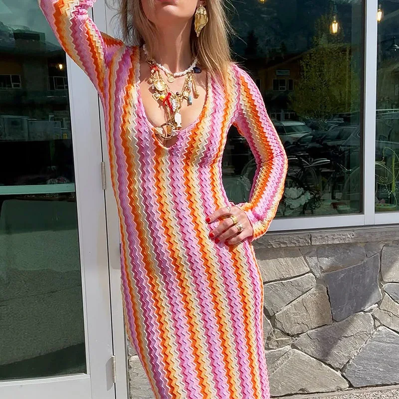 Nuevo vestido estampado de rayas dulces de otoño elegante vestido envolvente de cintura alta a la cadera vestido informal de corte bajo con cuello en V vestido de punto de manga larga