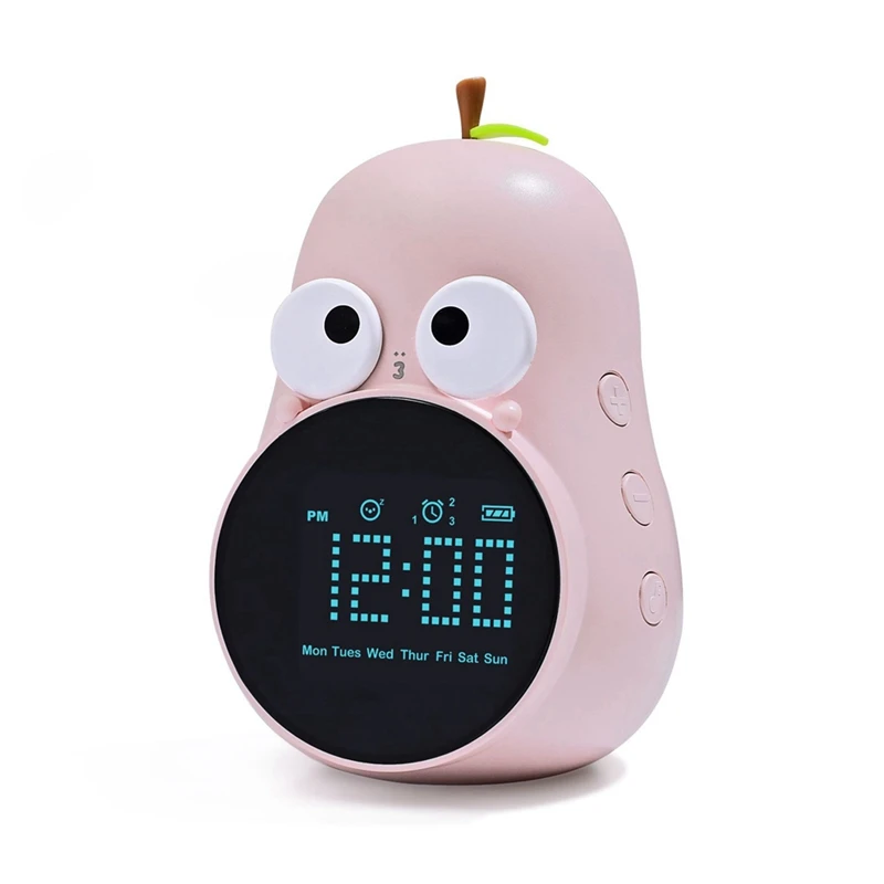 Alarm Clock For Kids Cute Pear Design, Snooze, Triple Alarms, 5 Ringtones- Digital Wake Up Clock Rechargeable Durable Pink