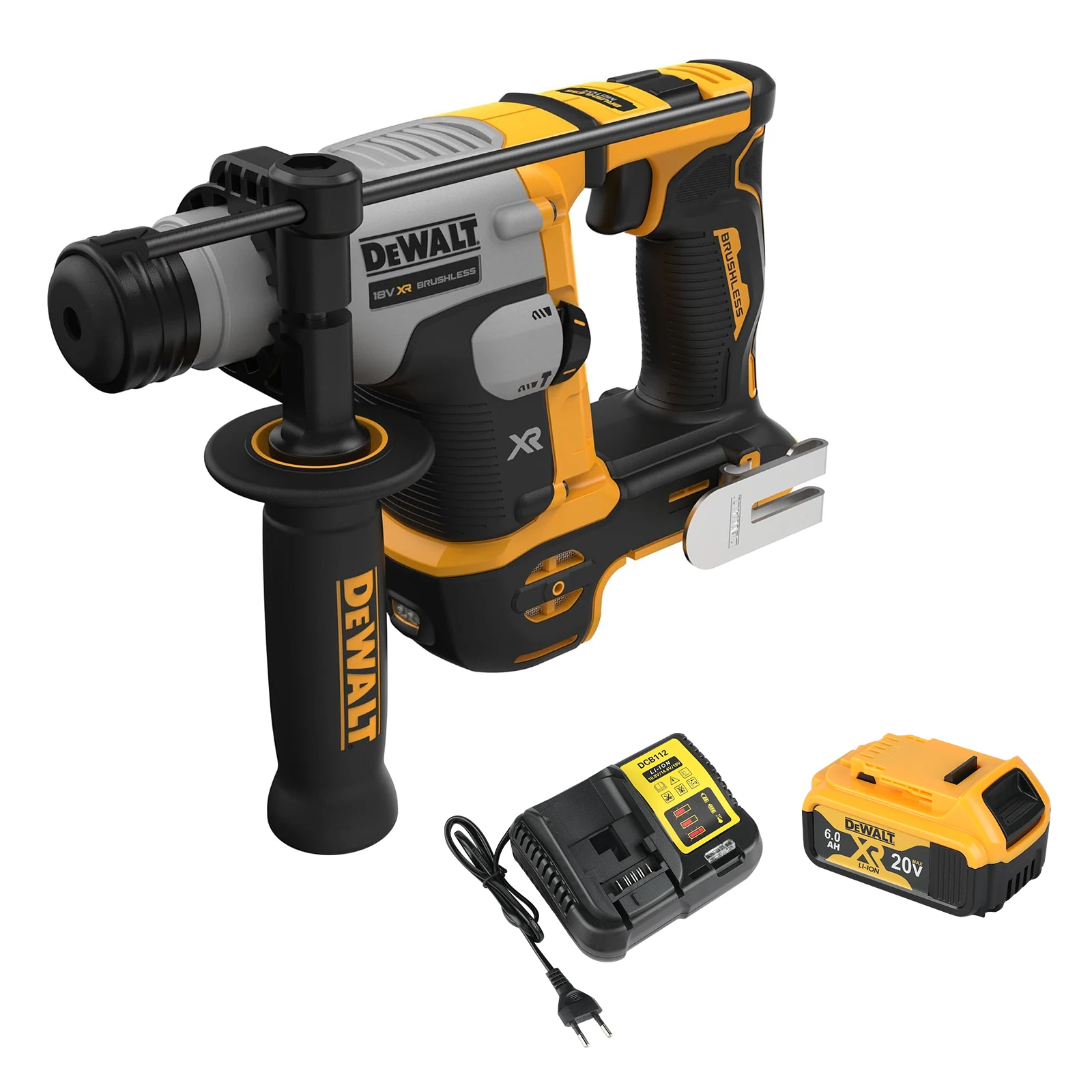 Marteau perforateur électropneumatique Dewalt DCH172N 16 mm, moteur sans balais, mécanisme intégré, lumière LED, poignée supplémentaire, batterie et chargeur