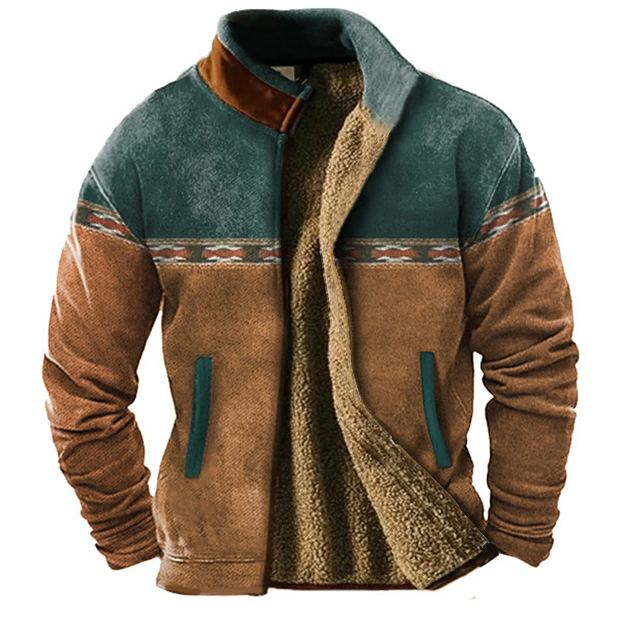 Men's Outerwear, Men's Wool Jacket, Men's Long Sleeved Plush Lining, Vintage Ethnic Warmth, Winter Outdoor Top