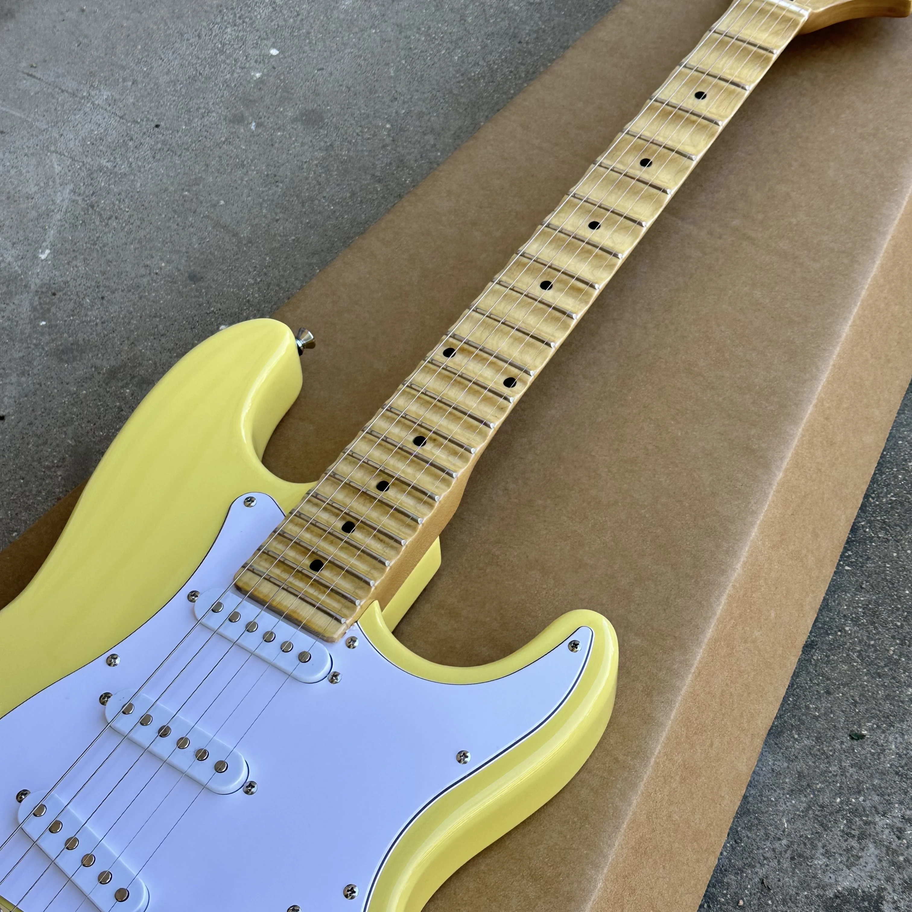 Hot Sale Cream yellow ST electric guitar Scalloped fingerboard,Big Head ,free shipping view 4