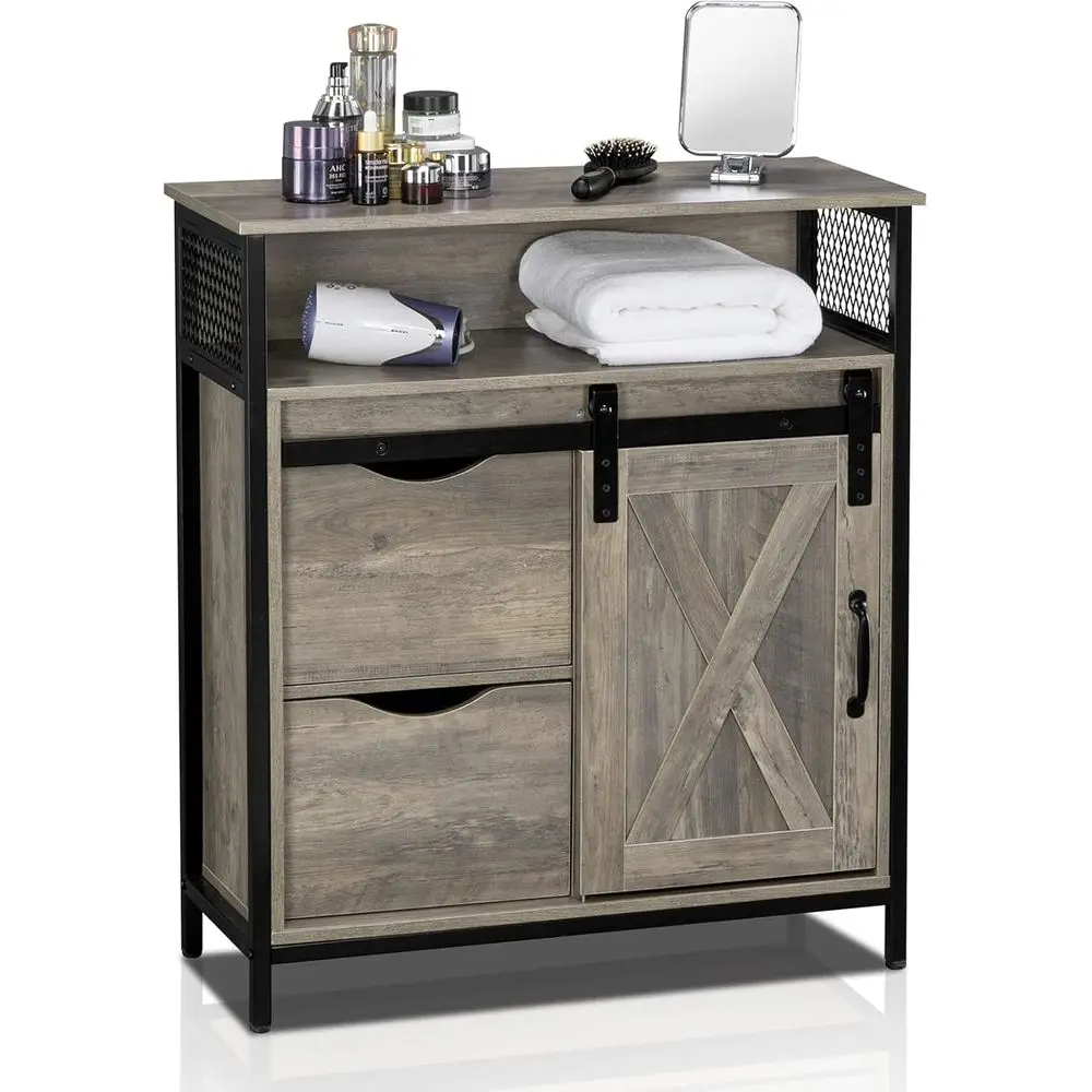 

armhouse Bathroom loor Storage Cabinet, Rustic reestanding Cabinet Organizer w/Sliding Barn Door, 2 Large Ders and Adjustable Sh