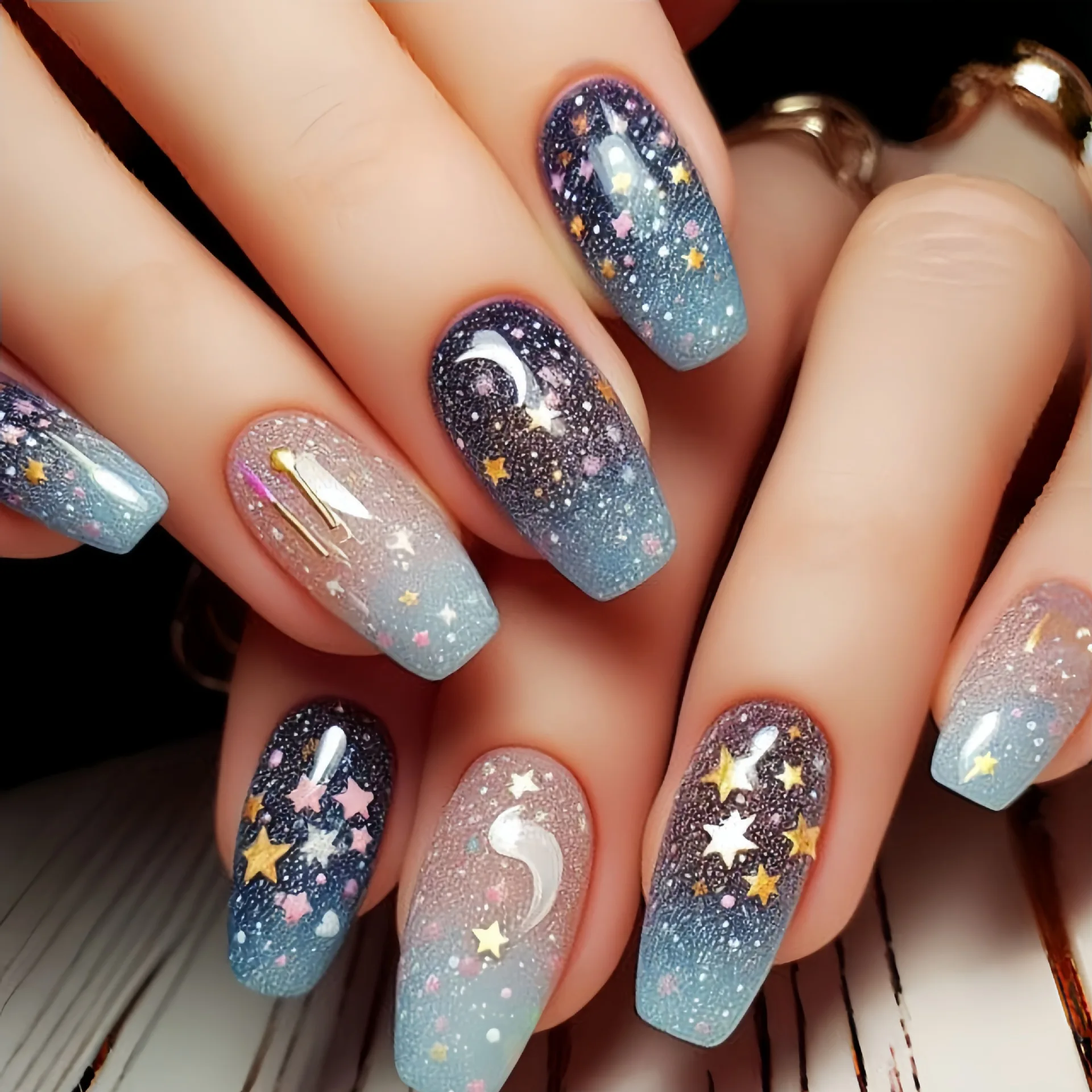 

24PCS Press on Nails Medium To Long European Square Nail Art Piece with Color Blending Stripes Star Moon Fake Nails