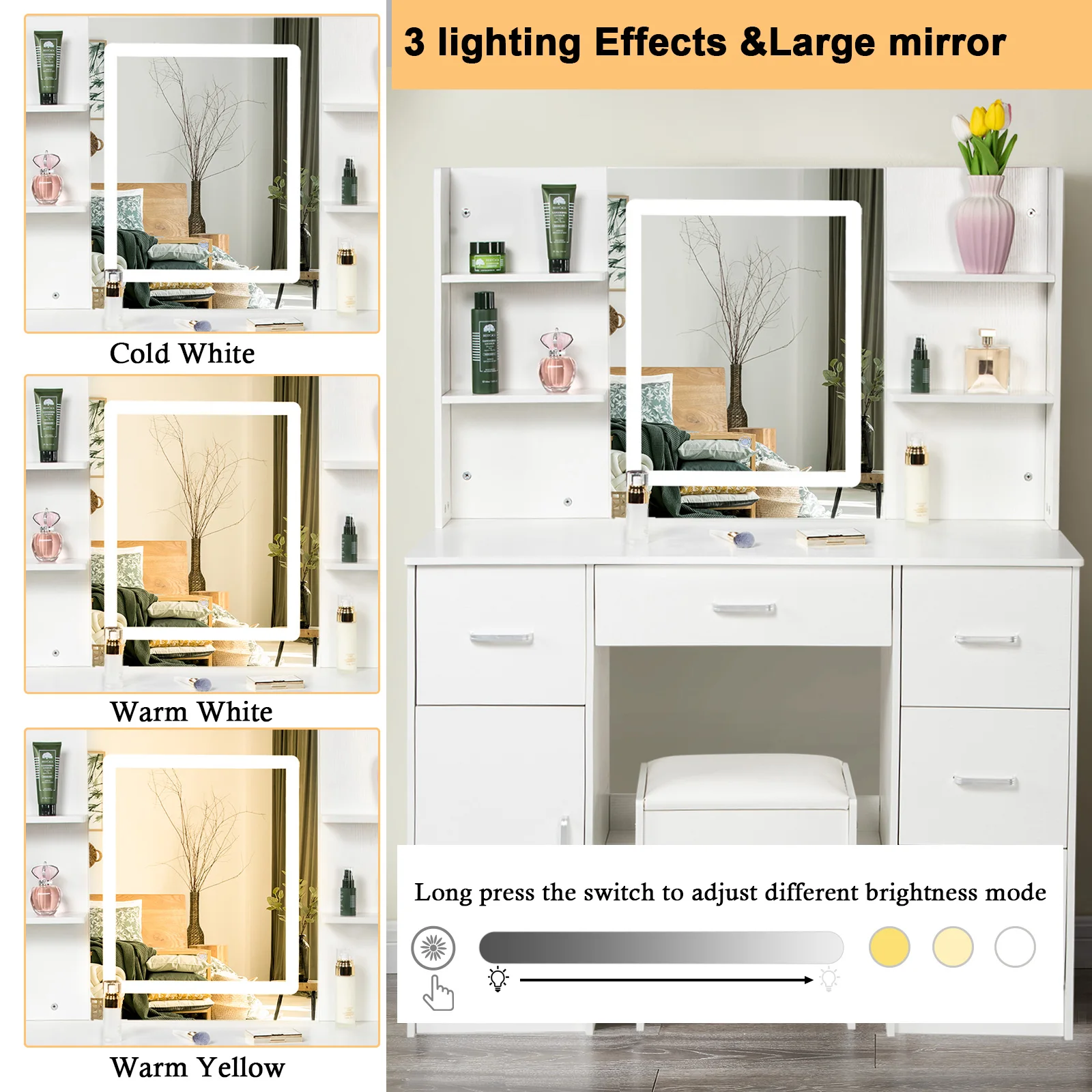 【صفقات 11.11، عروض الجمعة السوداء 2025】مجموعة مقاعد كبيرة لطاولة الزينة مع مرآة مكياج LED ذكية مكونة من 6 أدراج مكتب زينة