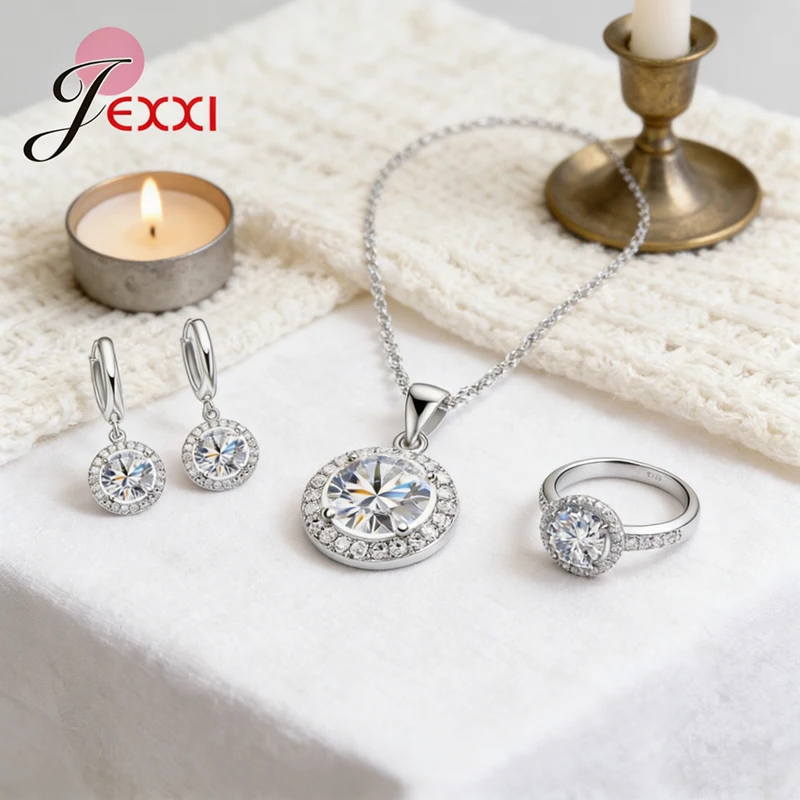 Exquisite Women Wedding Necklace Earring Ring Jewelry Set 925 Sterling Silver Zircon Crystal Jewelry Set