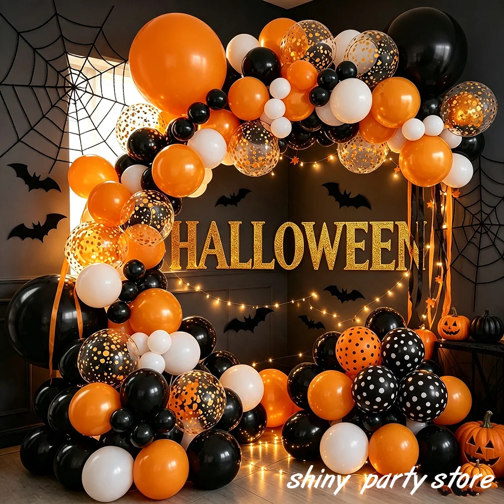 Halloween-Ballongirlanden-Bogen-Set, Schwarz-Orange-Weiß, Konfetti-Polka-Dot-Latexballons für Halloween-Party, Heimdekoration