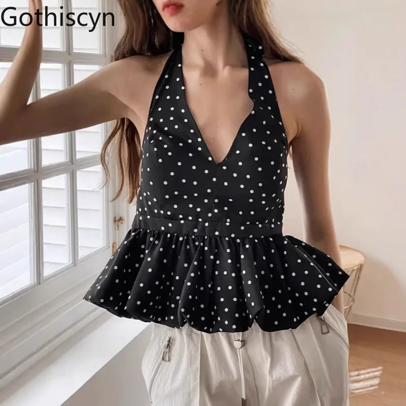 

Gothiscyn French Polka Dot Halter Neck Tank Top for Women's Summer Sleeveless V-neck Slim Fit Vest Fashion Female Clothes