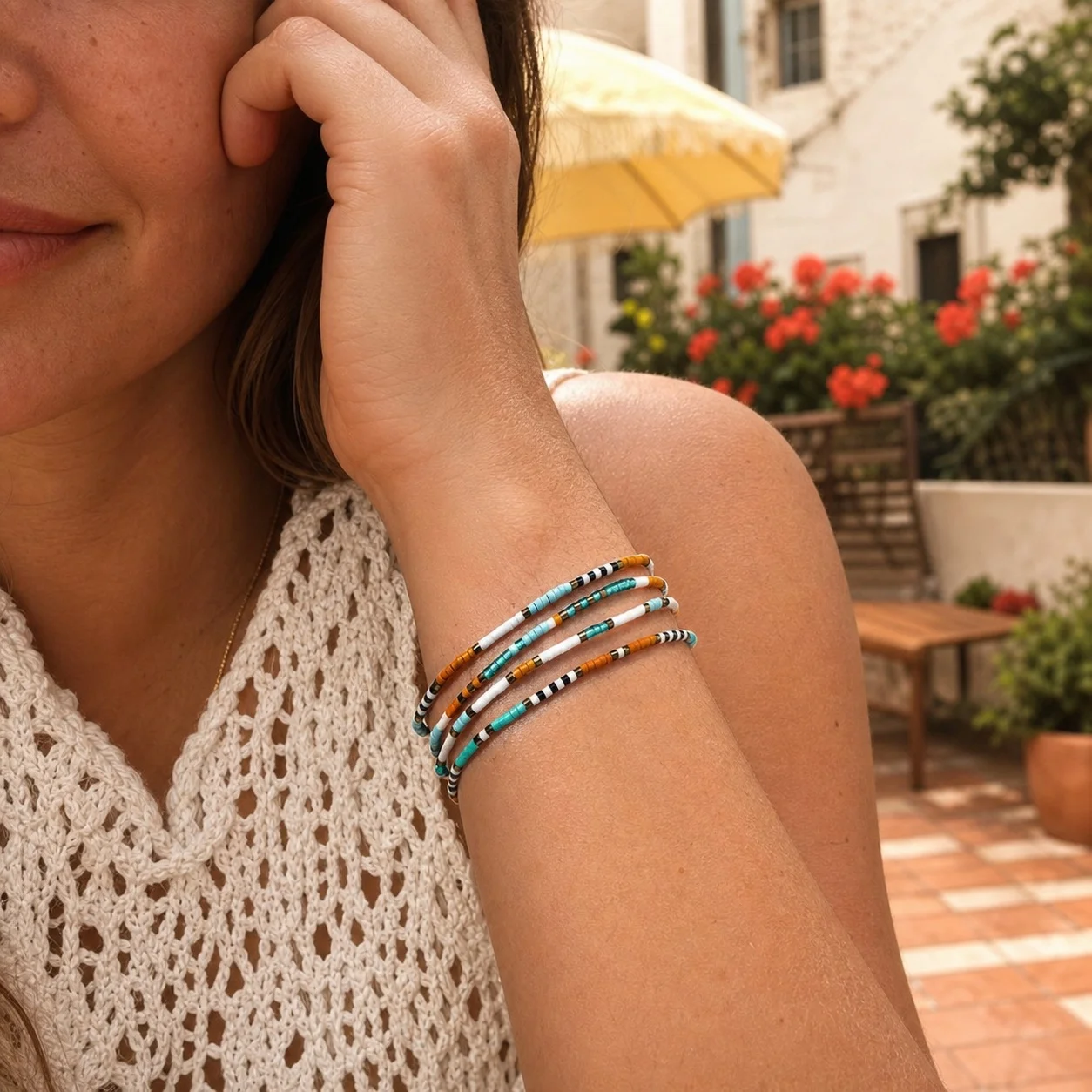 4pcs Layered Round Glass Bead Bracelet Turquoise White Brown Boho Wrap String Bracelet for Women Summer Beach Style