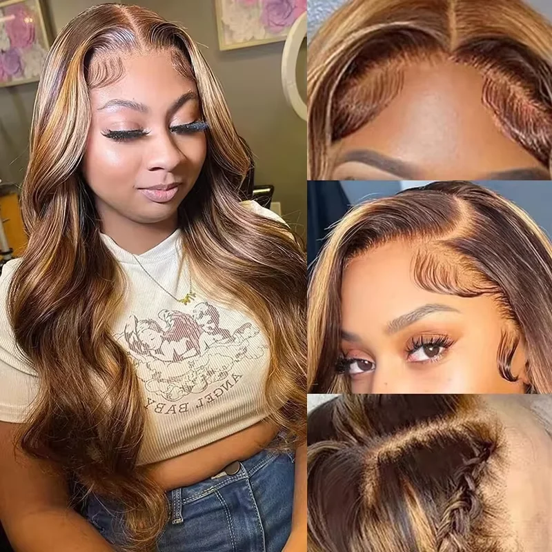 30 inch Highlight Lace Front Wig Human Hair Pre Plucked 13x4 HD Transparent 4/27 Honey Blonde Lace Frontal Wigs With Baby Hair 180% Density Body Wave Lace Front Wig For Women
