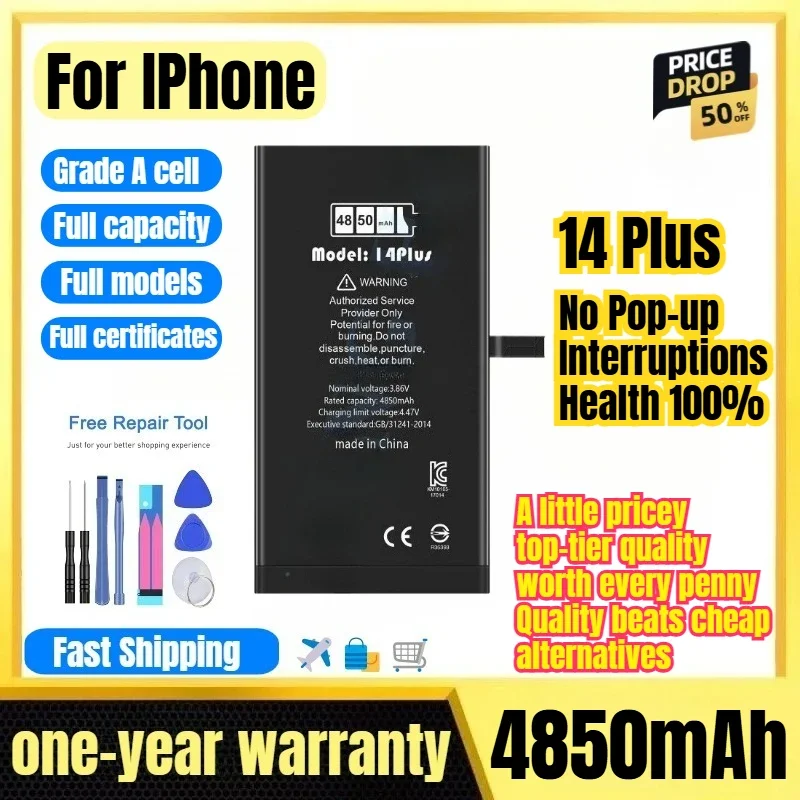 A2886/A2632/A2885 for IPhone 14Plus Phone Battery No Pop-up Interruptions Health 100% Replacement Bateria Grade A Cell with Tool