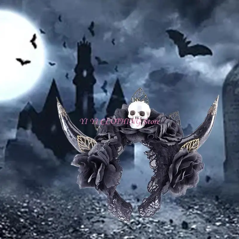 N5kf Halloween Skull Sheep Hel Hair Hair Hoop Evil Banda cabelo Cosplay Costume Witch Captain Acessório para menina