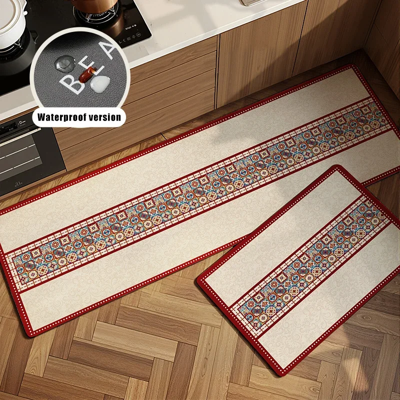 Kitchen Floor Mat Vinyl Carpet Retro Pattern Waterproof Non-slip Long Rug Home Decoration Pvc Leather Oil-proof Foot Mats 주방바닥매트