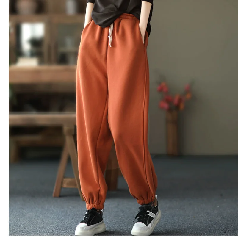 

Women's Cotton Pant, Orange High Waist Pocket, Casual, All Match, Thick, Warm, Fleece, Female Clothing, Top Quality, Winter