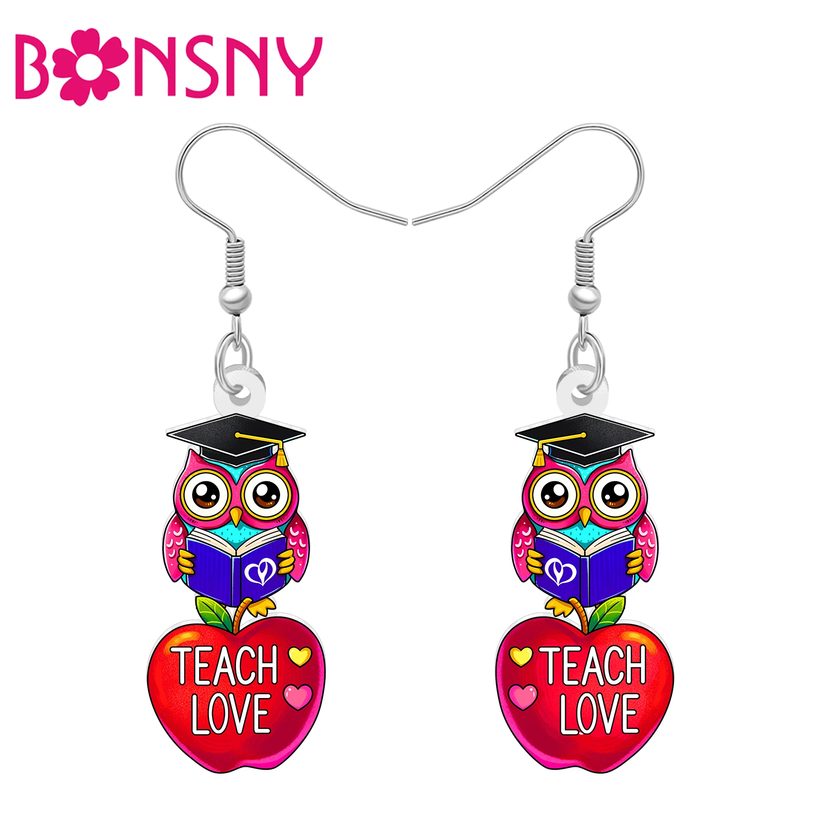 BONSNY Acrylic Wisdom Owl Earrings Reaing Book Birds Dangle Teach Love Jewelry Teacher Appreciation Gifts For Women Bird Lovers