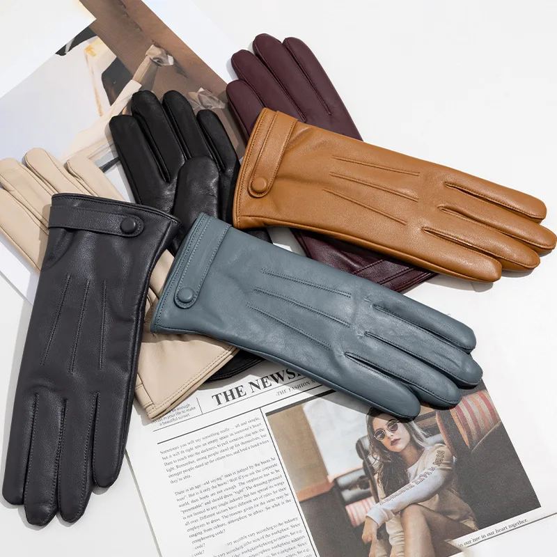 Colorful Women's Genuine Leather Gloves Sheepskin Full Finger Gloves Winter Warm Outdoor Cycling Equipment
