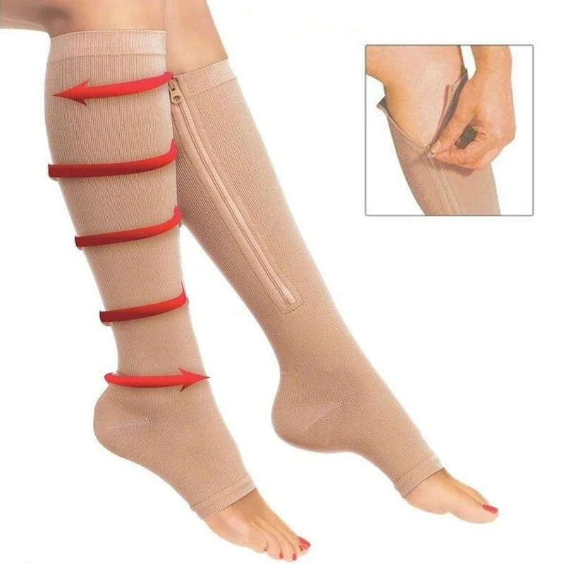 1Pair Zipper Compression Socks for Women, Open Toe Fat Burning Slim Leg Shaper, Prevent Varicose Veins Relief
