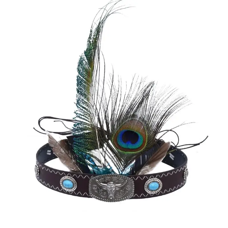 

P9FE Western Styles PU Hairband Feathered Design Indian Tribes Headband for Women
