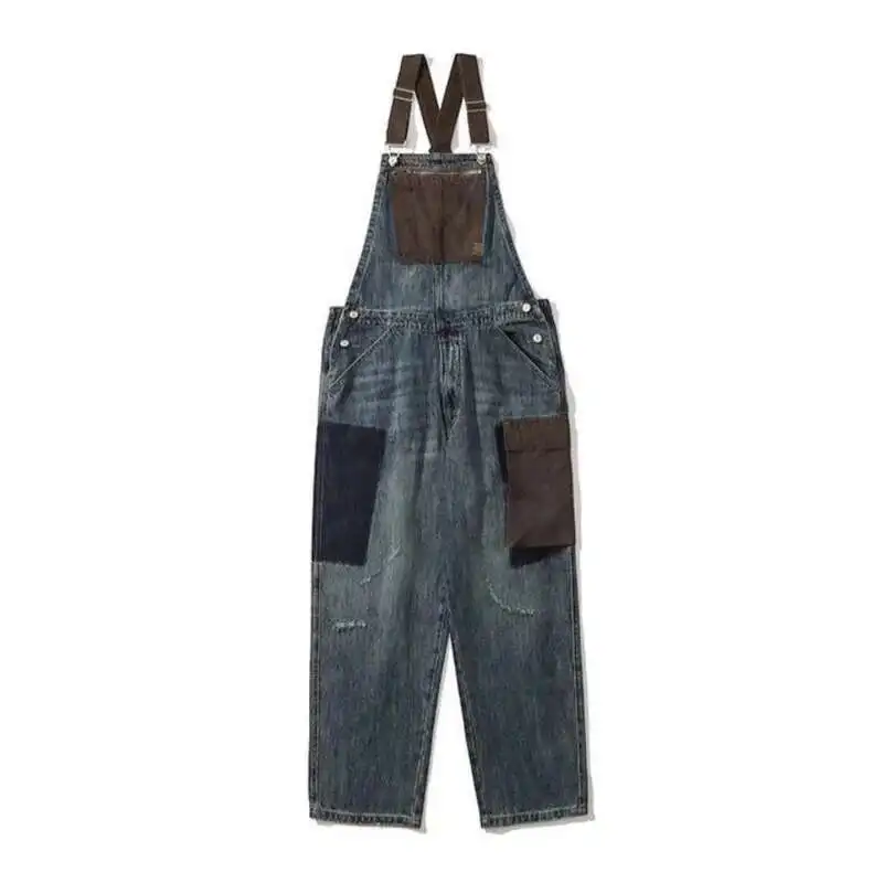 HKSH Spring Summer Men Tide Punk Spliced Safari Style Overalls Color Contrast Jeans Y2K High Street Retro Women Jumpsuit HK4286