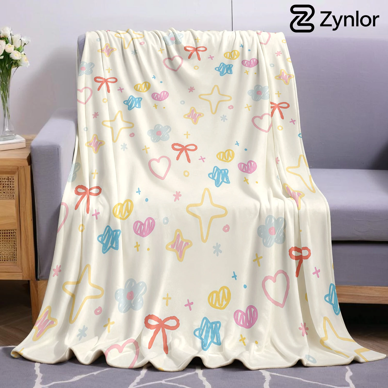 Doodle Bow Heart Star Cartoon Anime Print Flannel Blanket Soft Warm Throw for Kids Bedroom Sofa Bed Christmas Office Car