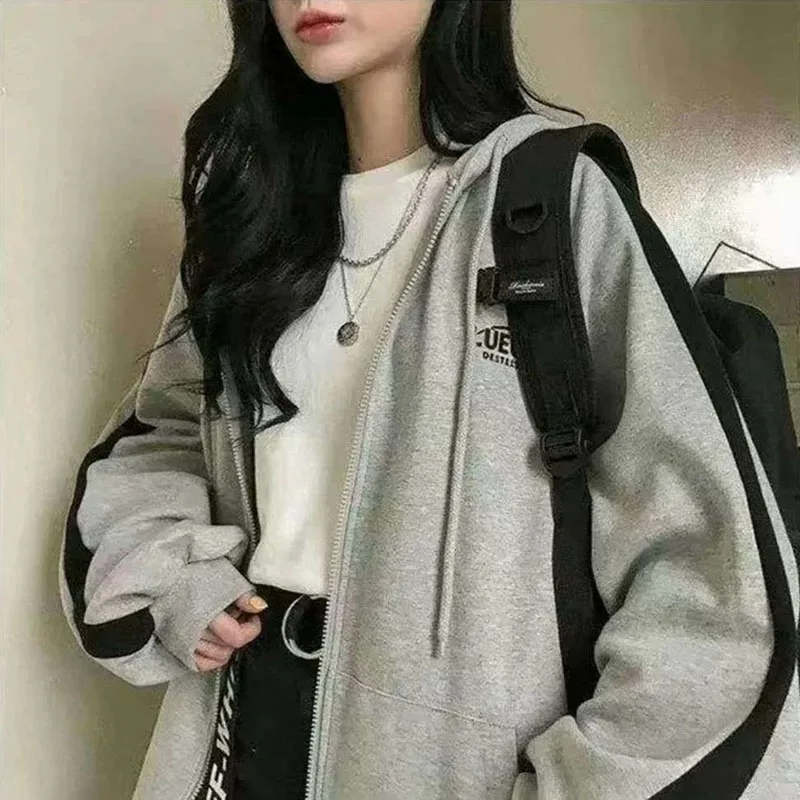 Sweatshirt bertudung wanita, Atasan pakaian jalanan wanita saku longgar kasual Korea Zip atas tali serut Harajuku Y2K musim gugur