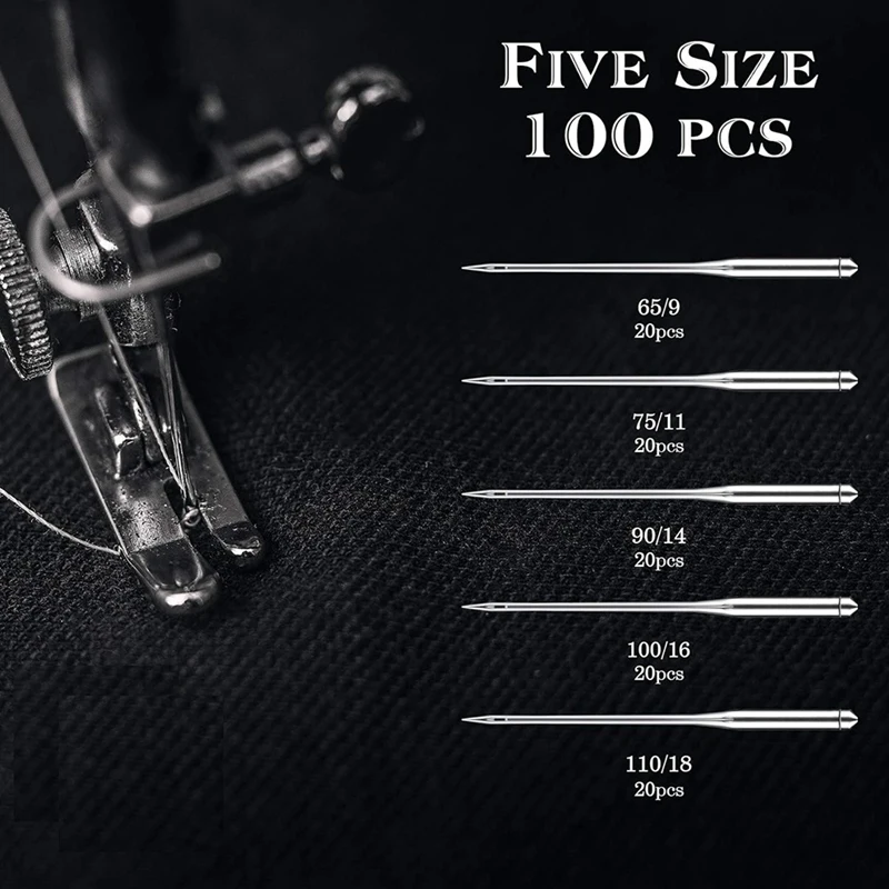 100PCS Sewing Machine Needles Regular Point Needle for Singer , Assorted Size 65/9, 75/11, 90/14, 100/16, 110/18