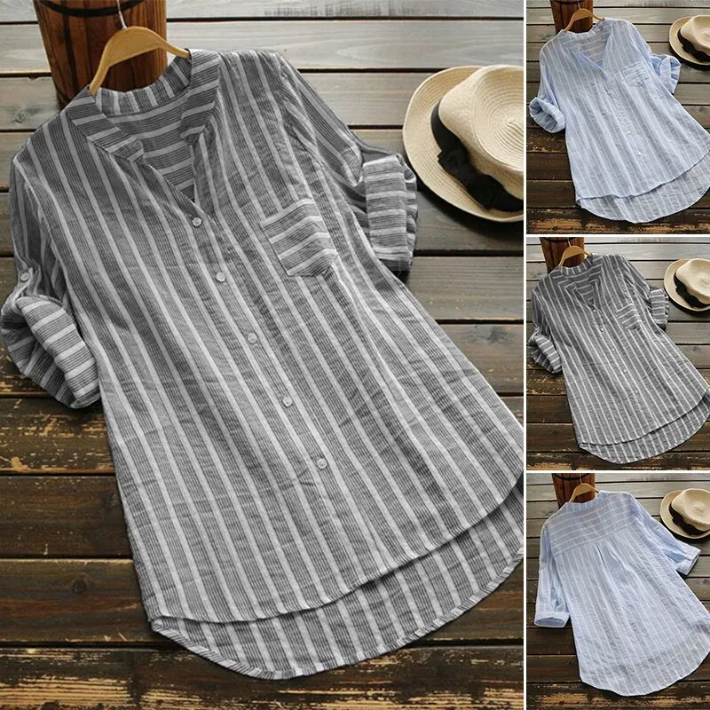 Summer Blouse Shirt Women Elegant Cotton Linen Top Long Sleeve Linen Blouses Striped Classic Shirts Oversize Lady Womens Tops