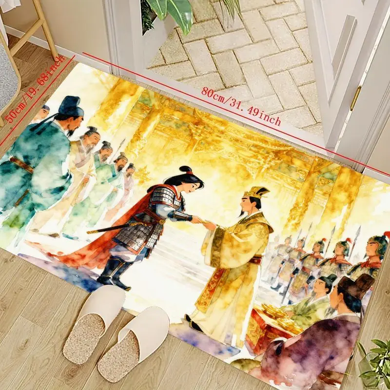 

1PC Ancient Chinese Imperial Court Art Floor Mat, Vibrant Watercolor Style Warrior & Emperor Scene Non-Slip Door Mat, Washable O