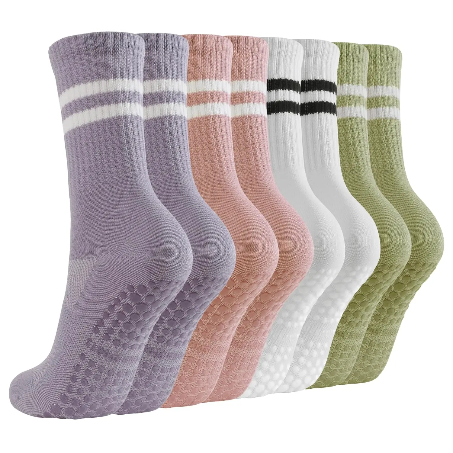 

4 pairs BUDERMMY Pilates Socks for Women with Grips Yoga Crew Socks for Barre Hospital Sticky Slipper Socks