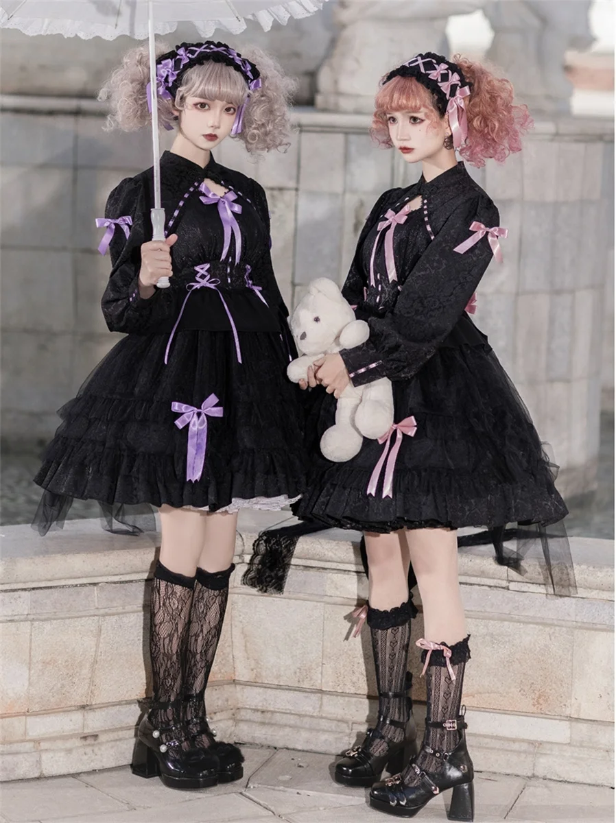 

French Sweet Dark Style Lolita Cosplay Cute Girls Op Gothic Solid Color Puff Sleeve Lace Mesh Ruffle Ribbon Bowknot Cake Dress