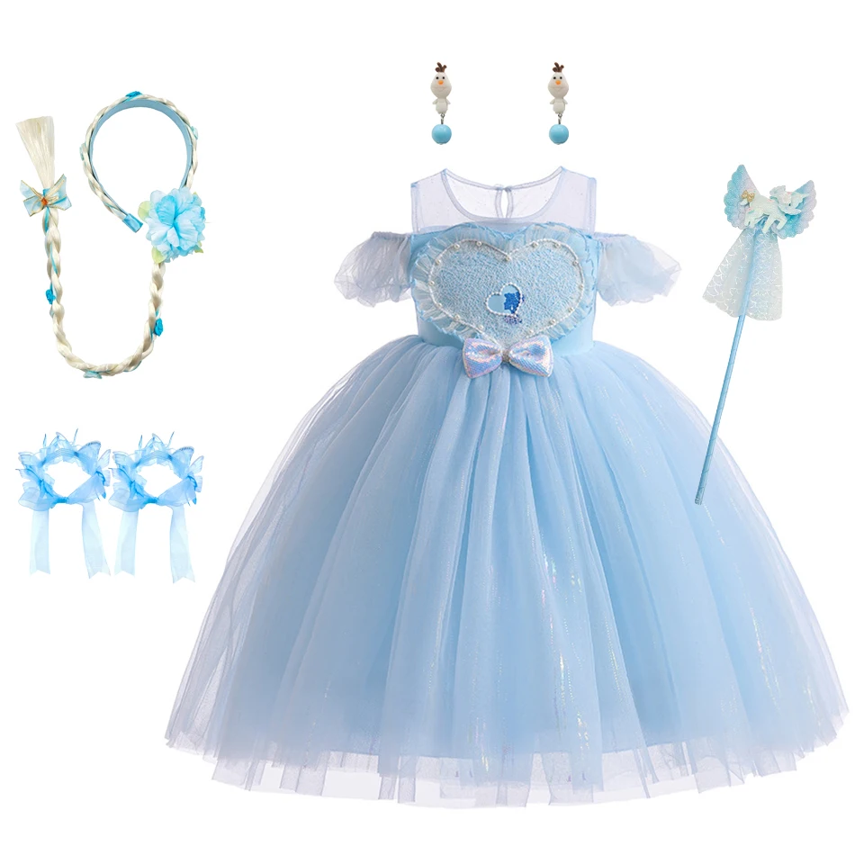 Blue Elegant Princess Dress Frozen Elsa Costume Girls Summer Short Sleeve Dress Little Girl Birthday Love Ball Gown Casual Cloth