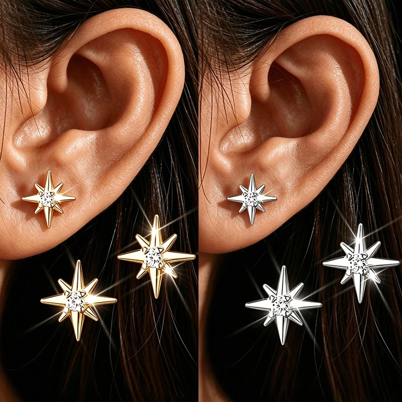 Gold + Silver Star Zircon Stud Earrings 2 Pack | Exquisite and Compact | Unisex | Daily Vacation Dating Gifts